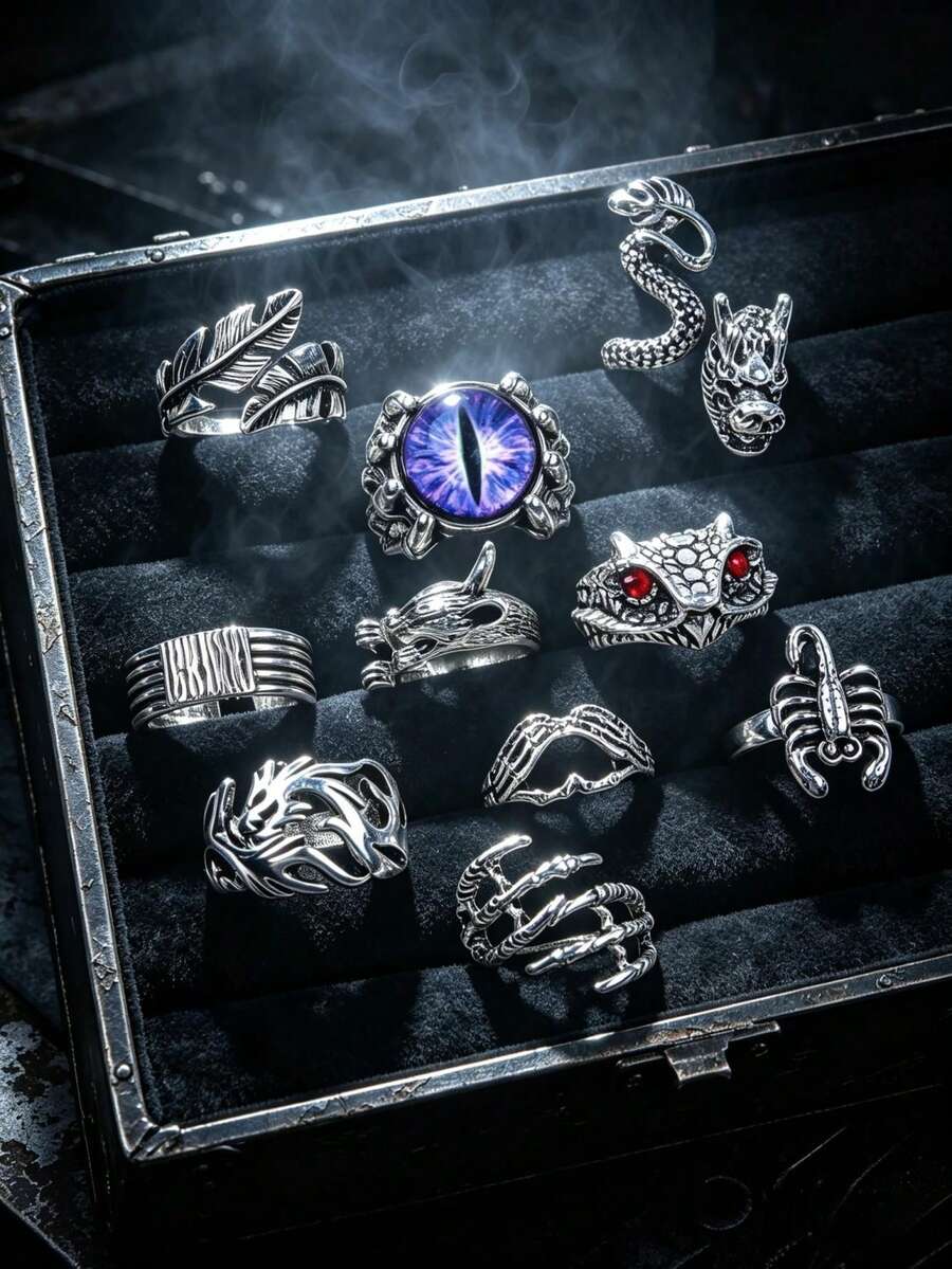 10 Pcs Vintage Gothic Punk Rings For Men Women, Adjustable Open Silver‑Tone Ring Set, Demon Eye Snake Dragon Scorpion Rings, Halloween Party Jewelry - Vintage Punk Ring - View 1