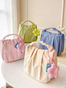 3pcs/1pc Flower‑Charm Handheld Cosmetic Bag, Sweet Style Square Shape Ruched Handle Zipper Closure Pendant Decor Portable Makeup Pouch For Travel Daily Vacation All‑Season Use - Multiple Colors and Styles - View 7