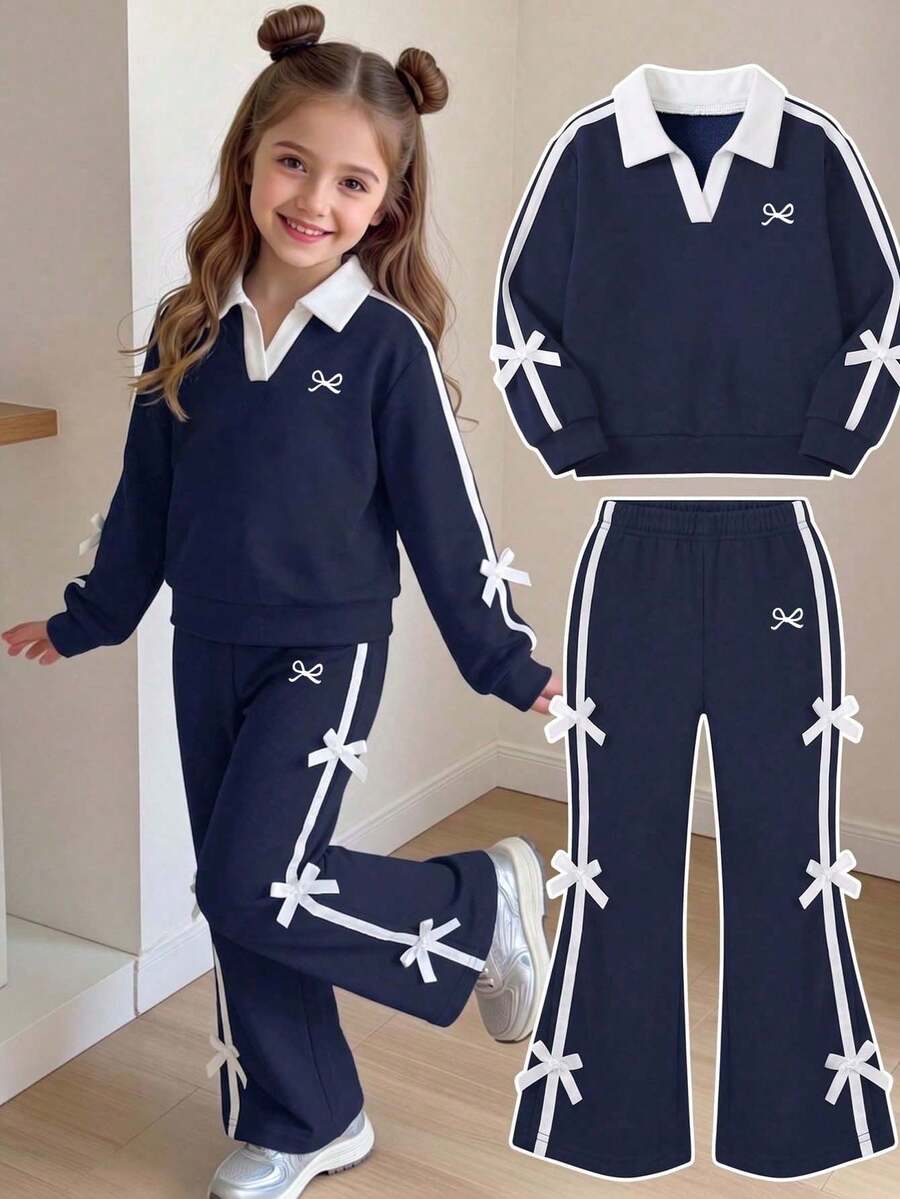 Young Girl Bow Pattern Embroidered V-Neck Long Sleeve Sweatshirt And Pants - Royal Blue - View 1