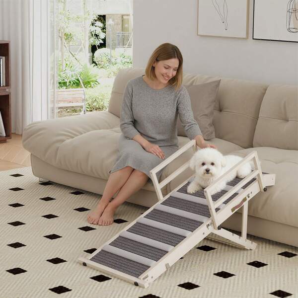 PawHut Dog Ramp For Couch, Folding Portable Pet Ramp, 4 Adjustable Height From 15" To 19", Pet Stairs With Non-Slip Carpet And Safety Side Rails For Small To Large Dogs