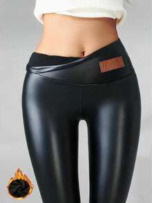 High Waist Faux PU Leather Fleece Lined Leggings, Elastic Slim Fit Sexy - Black - View 1