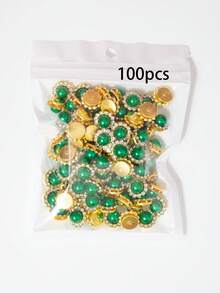 10-200顆 12mm 綠色珍珠花，中心鑲嵌綠色珍珠，周圍環繞小白色水鑽，向日葵圖案，亮面鈕扣水鑽花，DIY手工配件，適用於花卉頭飾與衣飾裝飾 - 12mm綠珍珠花 - 查看 11