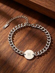 Men's 12 Zodiac Signs Bracelet 304 Stainless Steel Cuban Chain Round Plate Zodiac Pendant Adjustable Hip-Hop Accessory Birthday Gift - Chain Bracelet - View 3