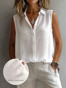 Women's Fashionable Sleeveless Collared Shirt, Versatile Loose Casual Commute Camisole Top, Semi-Sheer Solid Color With Front Button Closure, Everyday Wear - White - View 8