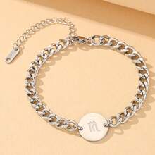 Men's 12 Zodiac Signs Bracelet 304 Stainless Steel Cuban Chain Round Plate Zodiac Pendant Adjustable Hip-Hop Accessory Birthday Gift - Chain Bracelet - View 12