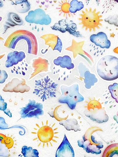50pcs Cartoon Watercolor Weather Cloud Rainbow PET Stickers Kawaii Aesthetic Decals For Phone Laptop Suitcase Guitar Skateboard DIY Transparent Stickers