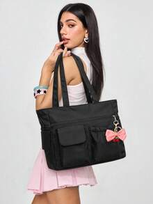 Women's Fashion Versatile Solid Color Nylon Tote Bag, Large Capacity Multi-Pocket Handbag, Suitable For School, Commuting And Daily Use - Black - View 6