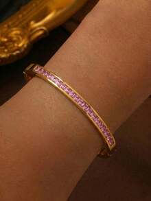 1 Pieza Moderno Brazalete De Acero Inoxidable Y Circonita Cúbica Adecuado Para Mujeres - Dorado - Ver 9