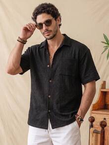 glestore Men's Retro-Style Short-Sleeve Shirt With Diamond Check Pattern-Stylish, Casual, Elegant, And Versatile For Vacation Wear - Black - View 1