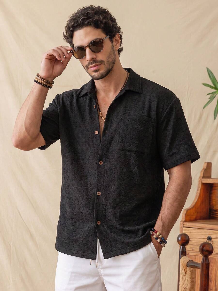 glestore Men's Retro-Style Short-Sleeve Shirt With Diamond Check Pattern-Stylish, Casual, Elegant, And Versatile For Vacation Wear - Black - View 1