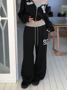 Vintage Digital Print Drawstring Waist Distressed Sweatpants - Black - View 6