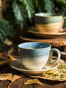 DearDali 1pc Glazed Ceramic Coffee Cup And 1pc Saucer Set, Vintage Colorblock Cup And Saucer, Wabi-Sabi Gradient Cup, Suitable For Latte, Cappuccino, Hot Chocolate, Tea, Coffee Lovers, Gathering, Afternoon Tea, Can Be Used As Gift Or Back To School - Multicolor - View 7