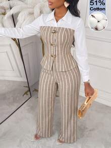 AIJ Elegant Cotton Contrast Color Lapel Long Sleeve Shirt + Vertical Striped Wide Leg Pants 2 Pieces Set, Khaki Women's Commute Daily Office Work Outfit - Khaki - View 6