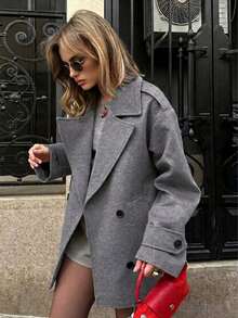 Women's Fashion Grey Tweed Jacket, Double-Breasted Design, Lapel Collar, Dropped Shoulder, Autumn/Winter Essential - Grey - View 1