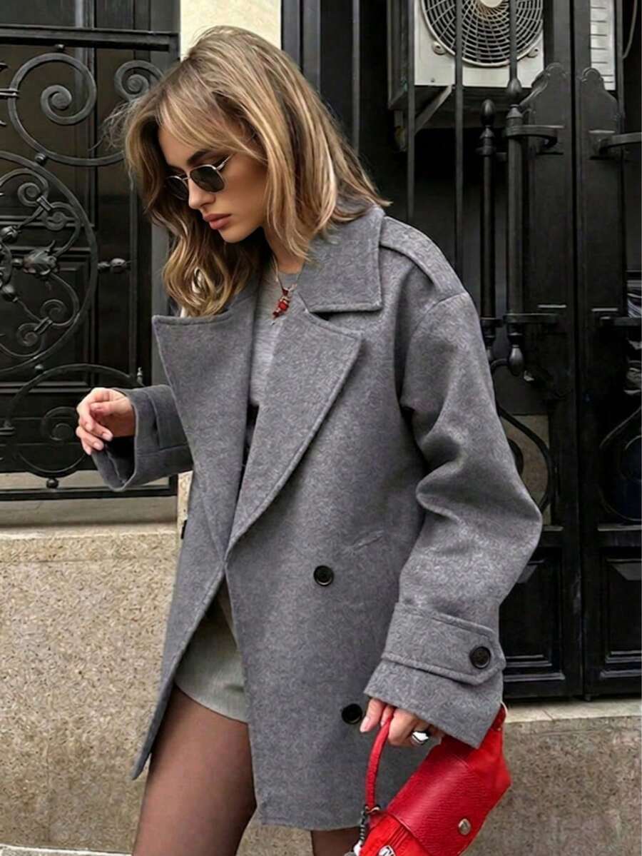 Women's Fashion Grey Tweed Jacket, Double-Breasted Design, Lapel Collar, Dropped Shoulder, Autumn/Winter Essential - Grey - View 1