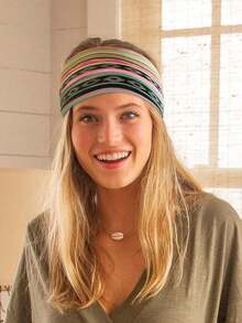 Bohemian Style Women's Wide Elastic Headband, Knotted Elastic Headband Sweatband, Suitable For Daily Wear Bohemian Style Hair Accessories - Color Stripes - View 2