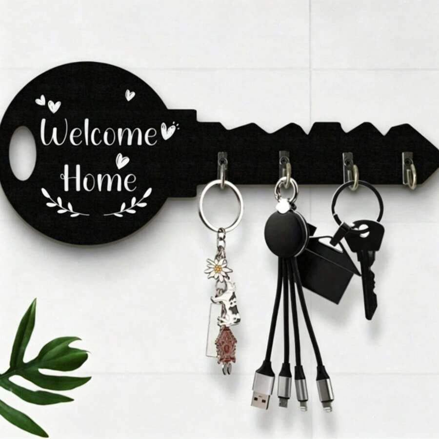 2D Flat Bohemian Style Rustic Wooden Key Rack With Shelf And Hooks - Easy To Install, Space-Saving Wall Storage Rack For Keys, Coats And More. Suitable For Entryway, Kitchen, Office, Key Rack, 2D Flat - Multicolor - View 1