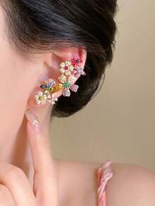 Anting Tusuk dan Manset Telinga Bunga Bertabur Berlian Imitasi Berwarna-warni Dopamine, Perhiasan Telinga Desain Unik - MultiWarna - View 2
