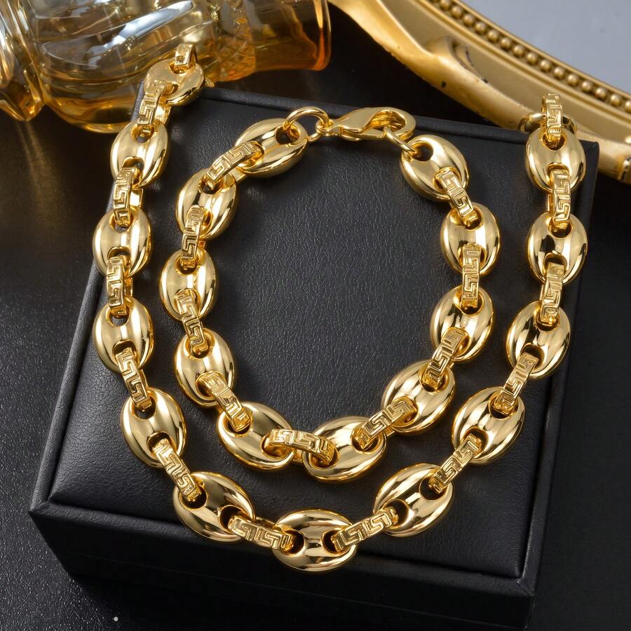 2pcs Classic 18K Gold Plated Copper Pig Nose Necklace & Bracelet Jewelry Set, Unisex, Suitable For Daily Wear And Party, Vintage Style - Gold 3 - View 1