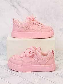 1 Pair Kids Thick Sole Casual Skate Shoes, Chunky Laces, Wavy Stitching Design, Breathable, Non-Slip, Soft Bottom, Versatile Daily Sports Shoes - Pink - View 1