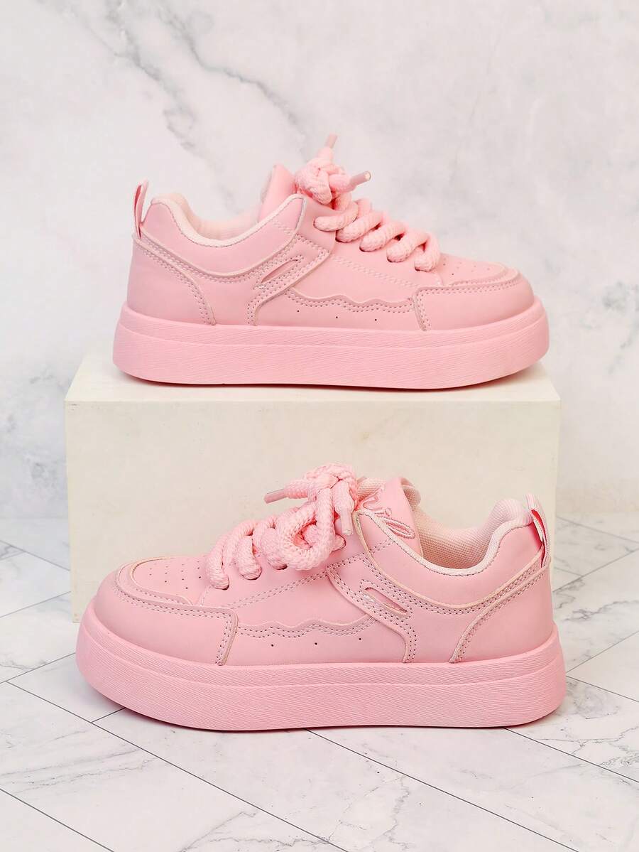 1 Pair Kids Thick Sole Casual Skate Shoes, Chunky Laces, Wavy Stitching Design, Breathable, Non-Slip, Soft Bottom, Versatile Daily Sports Shoes - Pink - View 1