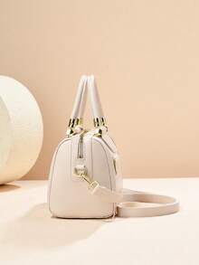 女款米色字母印花波士頓手提包，對比色PU飾邊頂部手柄斜挎包，附可調節肩帶 - 卡其色 - 查看 3