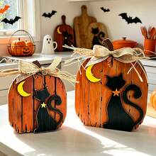 1/2pcs 3D Wooden Pumpkin & Black Cat Figurine Set, Vintage Halloween Desktop Decor, Freestanding Pumpkin Cat With Burlap Bow, Suitable For Tiered Tray, Fireplace Mantel, Indoor Home Party Decoration - Multicolor - View 4