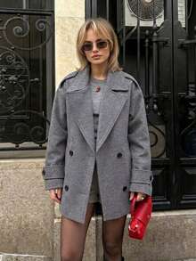 Women's Fashion Grey Tweed Jacket, Double-Breasted Design, Lapel Collar, Dropped Shoulder, Autumn/Winter Essential - Grey - View 6