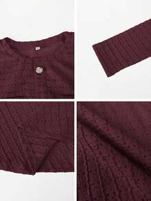 Unadoll Women's Autumn Burgundy Tweed Mid-Length Dress, Long Sleeve Front Button Fishtail Knit Skirt, Elegant Summer Style - Burgundy - View 10