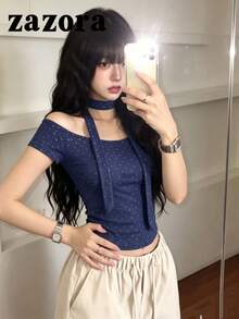 復古辣妹顯鎖骨水鑽裝飾修身女款上衣，性感極簡風短版上衣（非印花，水鑽工藝） - 藏青色 - 查看 1