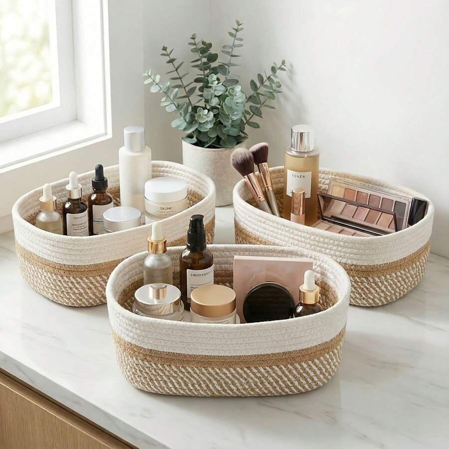1/3 buah Keranjang Penyimpanan Cantik – Keranjang Anyaman Kokoh Sempurna untuk Mengatur Rumah Anda – Tempat Penyimpanan Berkualitas Tinggi yang Mudah Melengkapi Dekorasi Apa Pun, Termasuk di Kamar Tidur. - Kombinasi warna - putih/khaki - View 1