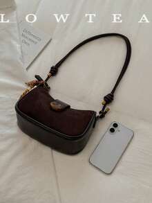 low tea 1pc Minimalist Fashion Baguette PU Leather Shoulder Bag, Suitable For Commuting, Shopping, Etc. (With Pendant) - Coffee - View 4