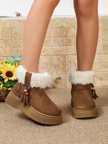 1 Pair Women's Round Toe Winter Ankle Boots, Camel Tassel Bead Decor Platform Boots - Camel - View 1