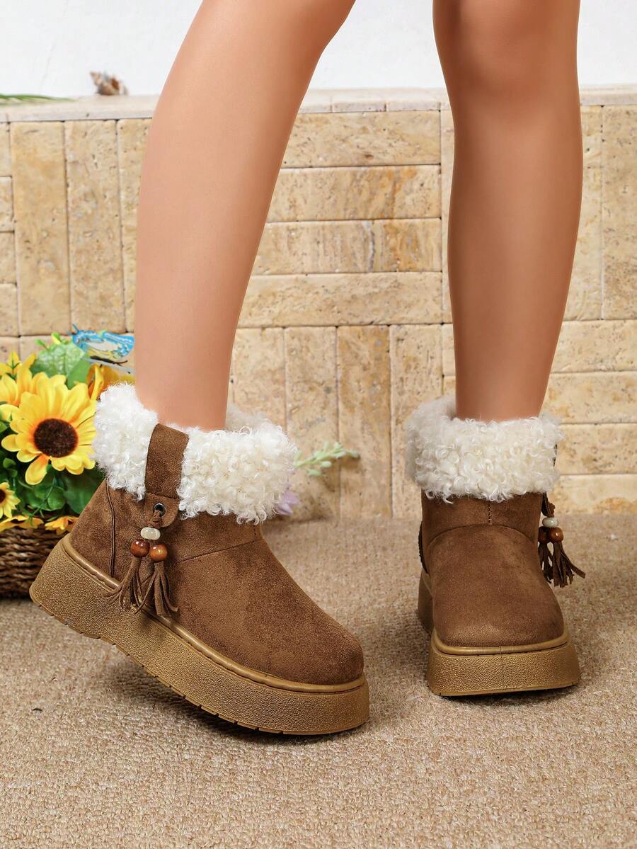 1 Pair Women's Round Toe Winter Ankle Boots, Camel Tassel Bead Decor Platform Boots - Camel - View 1