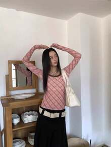Autumn/Winter/Spring Plaid Slim Fit Pink Inner Layer Long Sleeve T-Shirt Women's Top Design - Pink - View 3