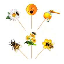 7pcs Bee & Daisy Happy Birthday Cake Toppers, DIY Bee Cupcake Decorations, Suitable For Bee Theme Birthday Party, Baptism Party, Gender Reveal Party And Anniversary Party Cake Decoration - Multicolor - View 8