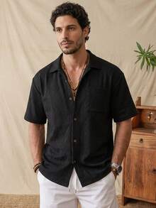 glestore Men's Retro-Style Short-Sleeve Shirt With Diamond Check Pattern-Stylish, Casual, Elegant, And Versatile For Vacation Wear - Black - View 3