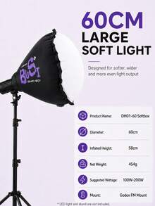Bussi DH01-60 60cm Inflatable Deep Parabolic Softbox Kit With FM Fresnel Lens Adapter, 26°/38° Lenses And Spherical Diffuser, Compatible With ML Series LED Lights, Portable Foldable Soft Light Accessory For Portrait, Live Streaming, Cosplay And Product Photography - View 6