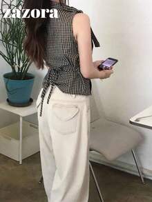 韓式復古設計格紋綁帶收腰女款修身上衣，修身顯瘦，百搭，無袖上衣，夏季黑色 - 黑色 - 查看 2