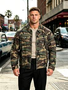Classic Camouflage Men's Work Jacket With Lapel Collar, Double-Button Patch Pockets And Zipped Front Placket With Contrast Stitching – Casual Jacket - Army Green - View 6