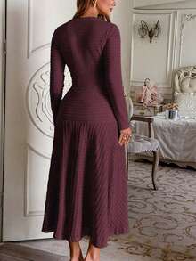 Unadoll Women's Autumn Burgundy Tweed Mid-Length Dress, Long Sleeve Front Button Fishtail Knit Skirt, Elegant Summer Style - Burgundy - View 2