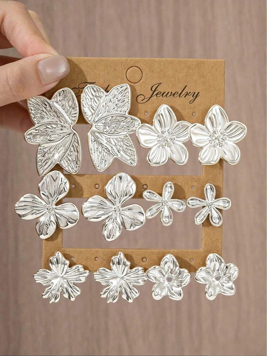 2/12PCS Women's Fashion Elegant Exquisite Floral Circle Multi-Element Silver Metallic Earrings Set, Suitable For Women's Daily Wear In Various Occasions - Silver - View 1