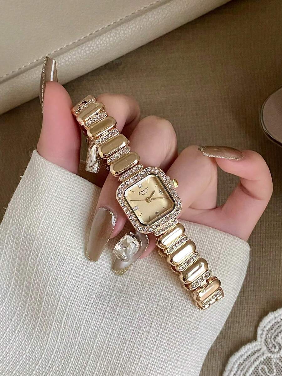 1件金色方形女款石英手錶 金色錶盤搭配混合刻度標記 適合日常配戴 - 金色 - 查看 1