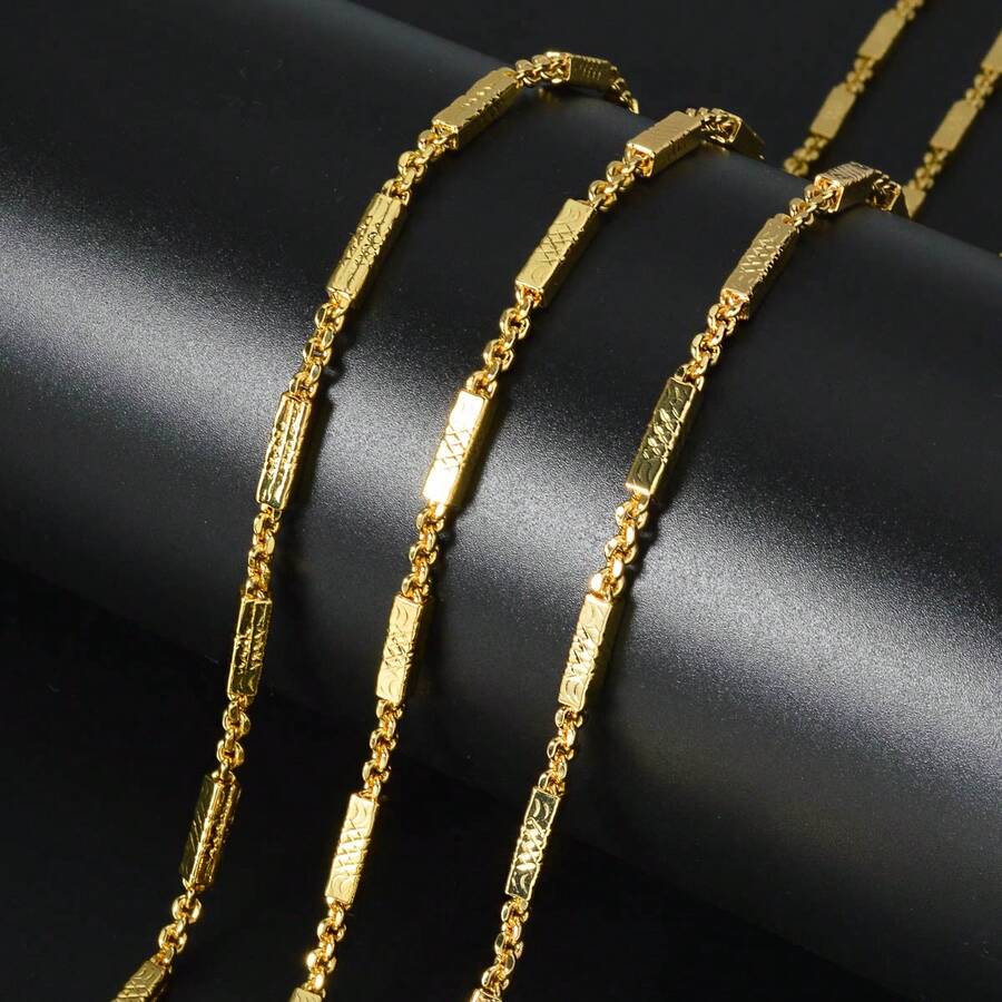1pc Vintage Textured 14k Gold Plated Copper Square Cuban Statue Necklace, Hip Hop Style For Men Everyday Wear - Gold - View 1
