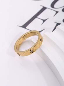 1pc Stainless Steel 18K Gold Plated Polished Dot Rhinestone Ring, Minimalist Style Suitable For Commute Formal Wear, Daily Casual Outfit Accessory - Polished Polka Dot Rhinestone Ring - View 10