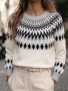 Nordic Relaxed Style Fair Isle Vintage Jacquard Knit Sweater Women's Loose Long Sleeve Pullover Crew Neck Dropped Shoulder Radial Jacquard Texture Soft Skin-Friendly Breathable Daily Wear Early Autumn Outfit Knit Top - White - View 4
