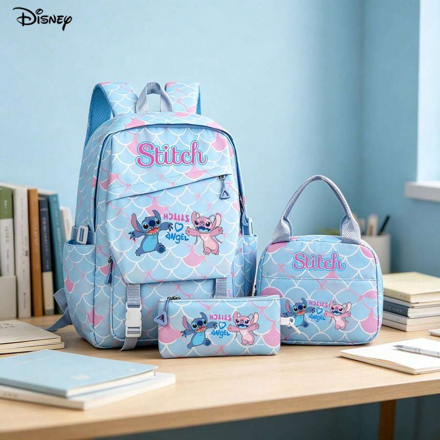 Miniso Disney Stitch And Angel Cute Character Blue & Pink Print 3-Piece Set, Includes Insulated Cooler Bag And Stationery Pencil Case, Suitable For Daily Organization, Work And Study Multi-Function Backpack - Color 1 - View 1