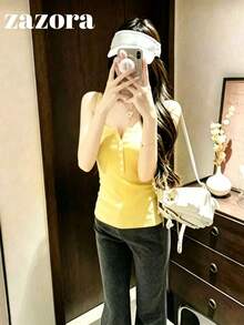 韓式性感U領鈕扣針織背心 女款休閒四季款 - 黃色 - 查看 3