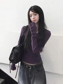 Autumn V-Neck Slim Fit Long Sleeve Base Layer T-Shirt - Purple - View 3
