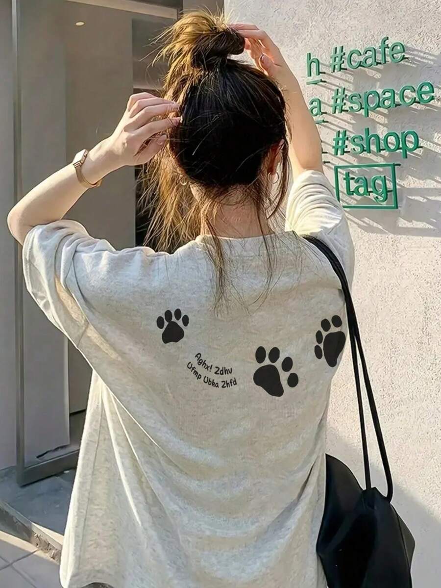 Japanese Style Women's Loose Crew Neck Casual Versatile Letter & Puppy Print Short Sleeve T-Shirt, Spring/Summer - Light Gray - View 1